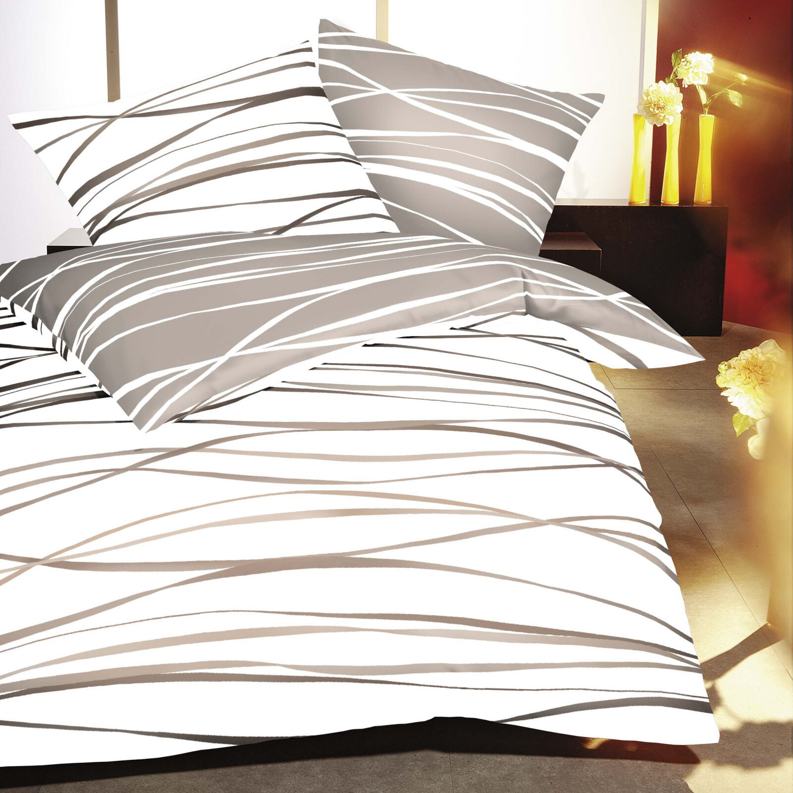 Mako Satin Bettwäsche Beige Wellen